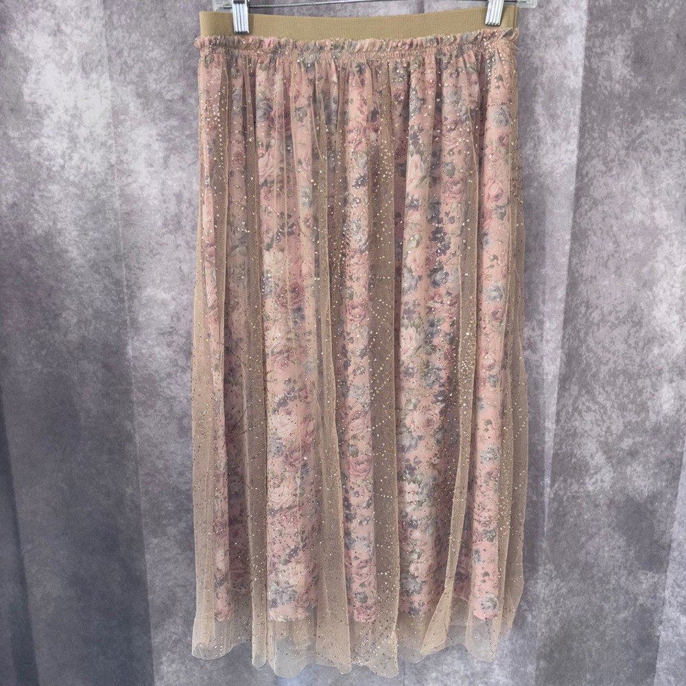 NWT Blue B Women M Pink Floral Fairy Ethereal Glitter Tulle Maxi Skirt - Picture 10 of 10